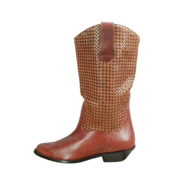 Vintage LL Bean Dingo Brown Braided Leather Western Pull-On Boots Size 6 M - Picture 1 of 10